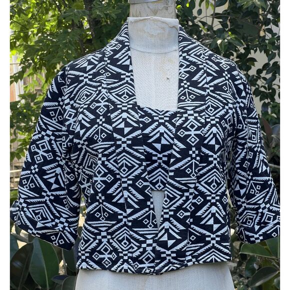 Black and White Geometric Bralette and Jacket Set Cotton Weave - Size M - Picture 1 of 10